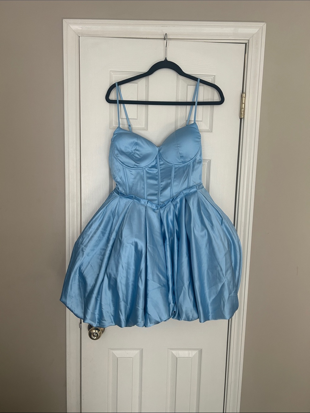 Fashion Nova Light Blue Satin Party Dress with Spaghetti Straps